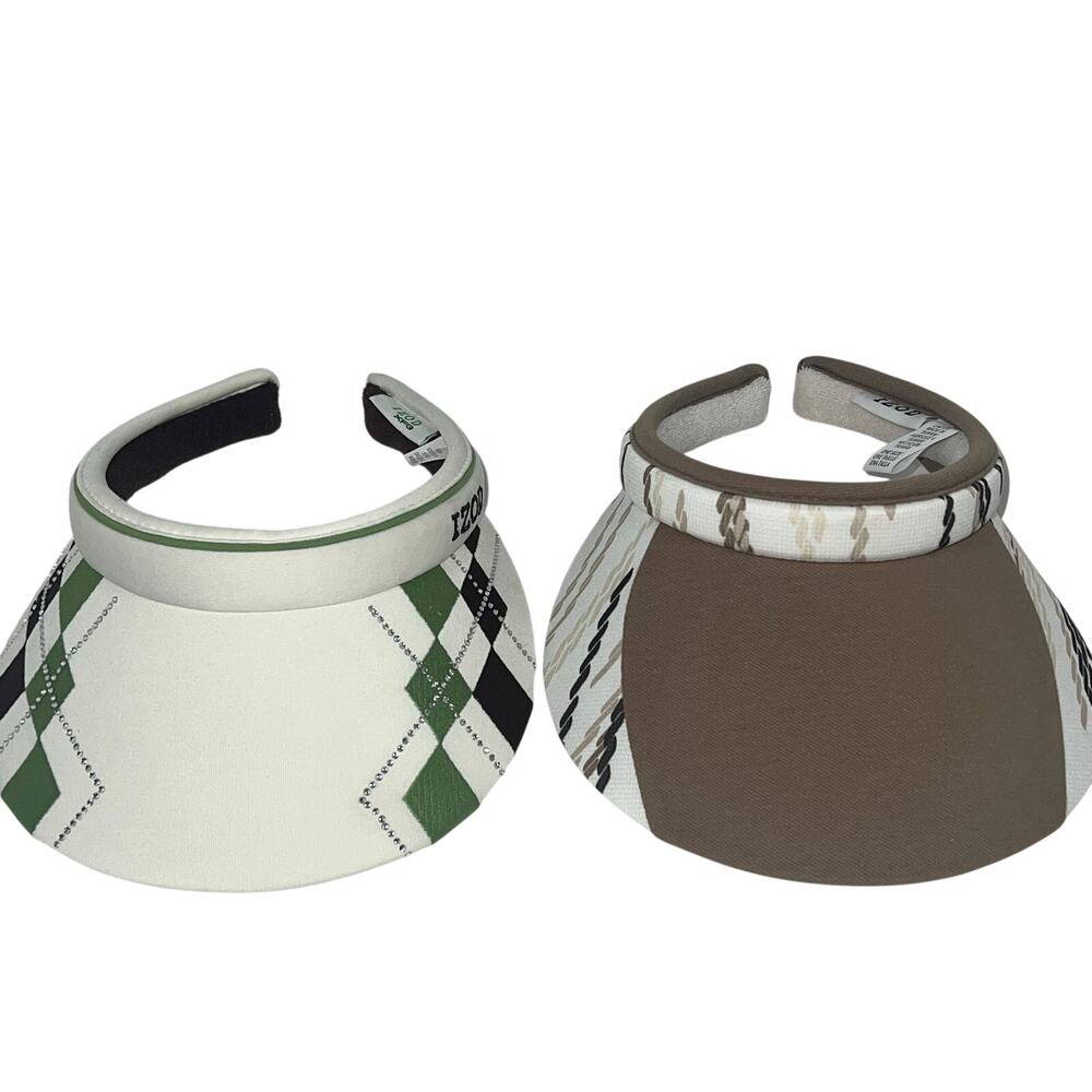 IZOD Pair Golf Visors Beige/White Chain Pattern/Green/Brown Diamond Gem Design
